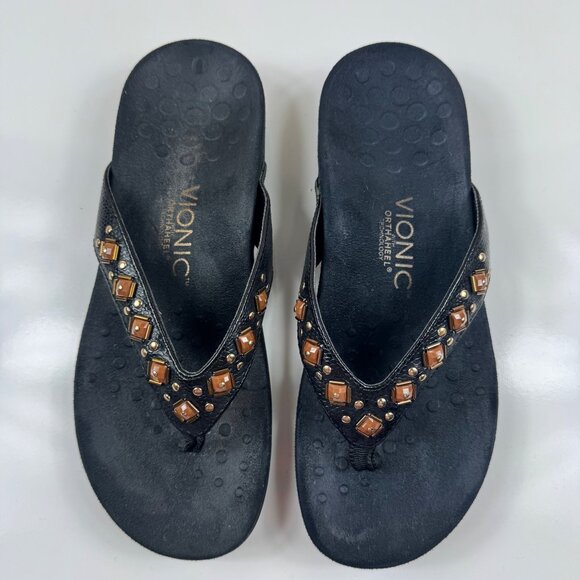 Vionic Floriana Sandals Size 7 Black Beaded Thong Croco Orthotic Comfort Beachy - Picture 2 of 8